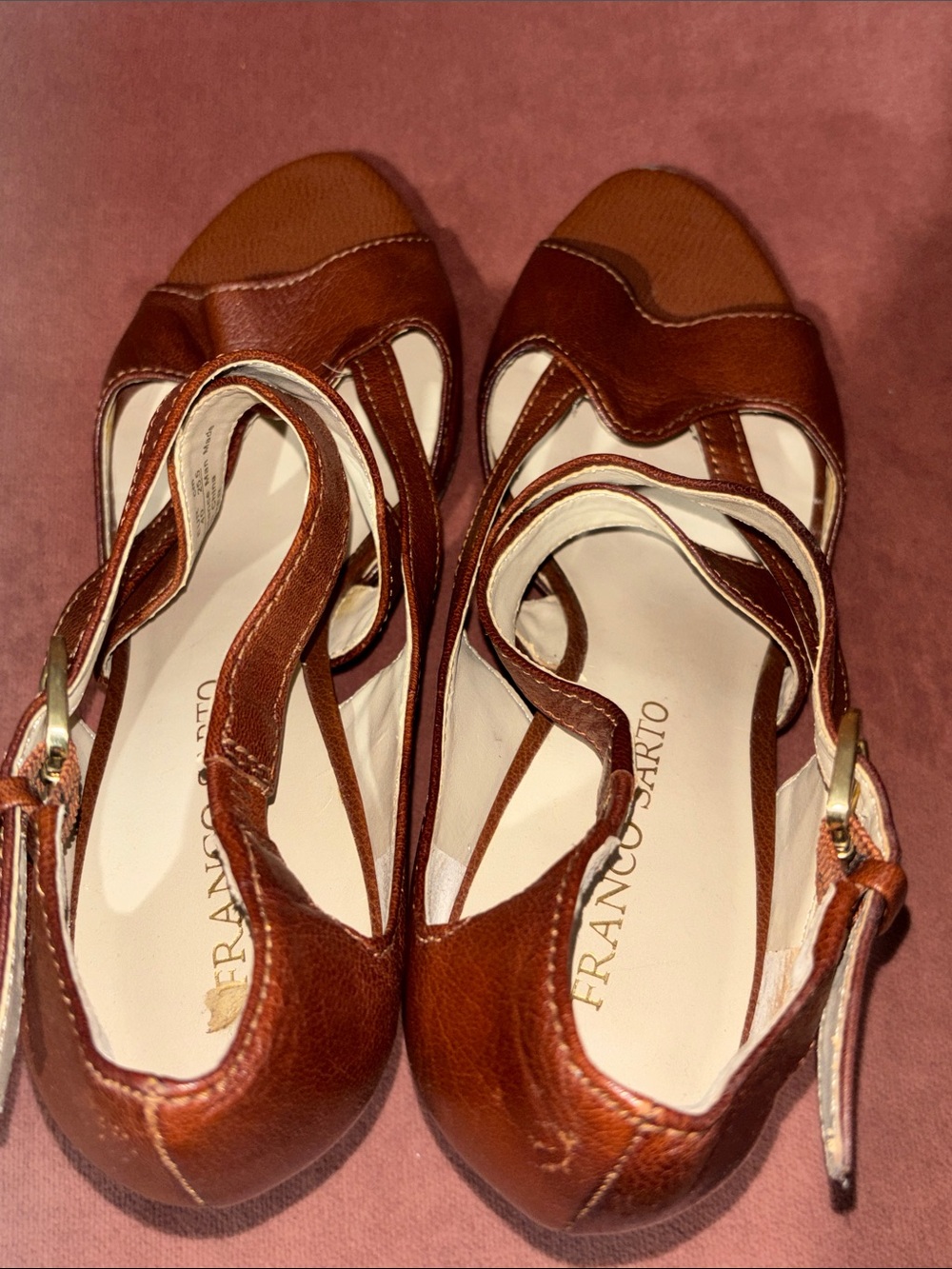 Franco Sarto heels open toe strappy leather wooden narrow wedge women’s 8.5 - Picture 5 of 16